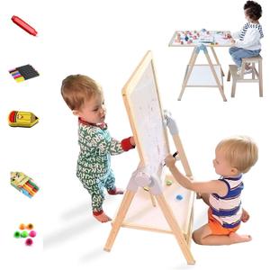 QZMTOY Kids Art Easel, Deluxe Standing Easel Set, Adjustable Art Table, Dry Erase Board&Chalkboard Double Sided Stand, 360Rotating Drawing Easels with Art Supplies, Adjust Height 28-39in, Medium