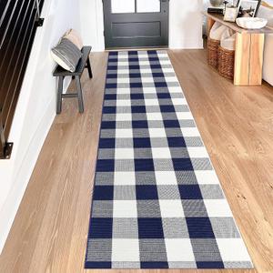 Buffalo Plaid Runner Rug 2x8 Feet Navy and White Checkered Hallway Runner Area Rug Farmhouse Cotton Woven Washable Carpet for Entryway, Kitchen, Laundry, Bedroom, Living Room