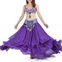Belly Dance Skirt Halloween Tribal Chiffon Tiered Maxi Full Skirt 37.8 Inch Length (Purple) One Size