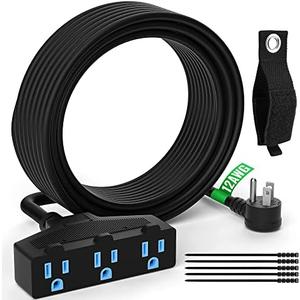 Outdoor Extension Cord 30 Ft with 3 Outlets, 12/3 SJTW 3 Prong Grounded Power Cord, 12 Gauge 12AWG Heavy Duty Power Cable, ETL Listed, 15 Amp 125 V 1875 W-Multiple Outlets for Indoor/Outdoor-Black