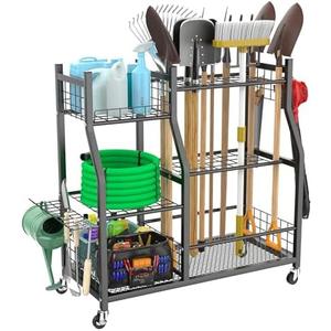 WALMANN Garden Tool Organizer with Wheels for Garage, Large Storage Capacity, Rakes/Shovels/Yard Tools Storage Stand for Shed, Garden, Indoor/Outdoor Long-Handled Tools Rolling Cart