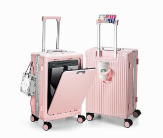 MRPLUM Front Pocket Carry On Luggage,PC Hardside Spinner Wheel Suitcase with TSA Lock, Cup Holder,Phone Holder&USB Charging Port,20 inch,Pink