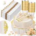 Nervure 350PCS Ivory Plastic Plates - Ivory Gold Plastic Dinnerware Sets for 50 Guests - 100 Gold Disposable Plates, 50 Pre Rolled Silverware Sets, 50 Cups Perfect for Wedding & Party & Mothers Day