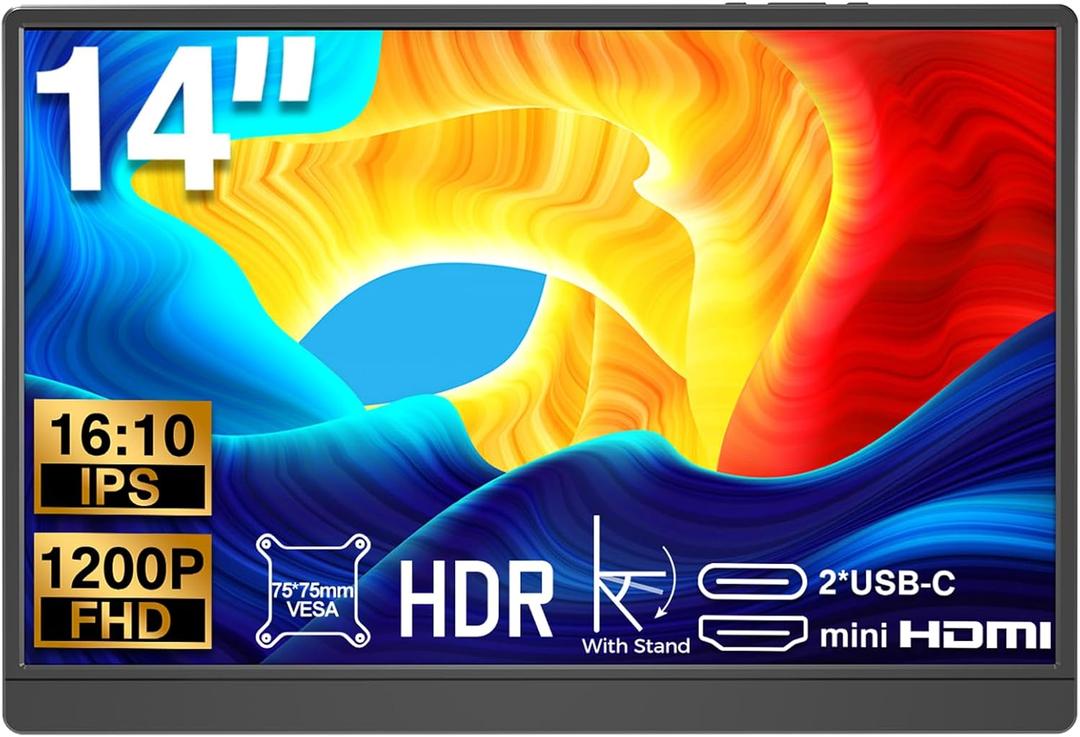 14 Inch Portable Monitor, FHD 1920x1200 IPS16:10 Display with Built-in Kickstand, USB-C/HDMI Plug and Play, Compatible with Laptop, PC, Mac, Mobile, PS5, PS4, Xbox, Switch
