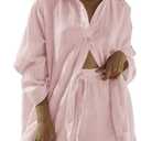 Fixmatti Women 2 Piece Outfits Long Sleeve Button Down Blouse and Shorts Sweatsuit Sets Small