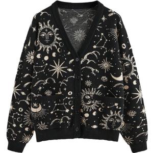 Women's Plus Size Boho Printed Cardigan Sweaters Button Up V Neck Long Sleeve Grunge Punk Knit Tops Hippie Outerwear (4X-Large Plus, Black)
