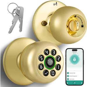 Fingerprint Door Lock, Smart Fingerprint Door Knob with Keypad, Biometric Door Lock with App Control, Auto Lock Door Lock with Code, Keyless Door Knob with Lock for Bedroom, Home,Office-Polished Brass