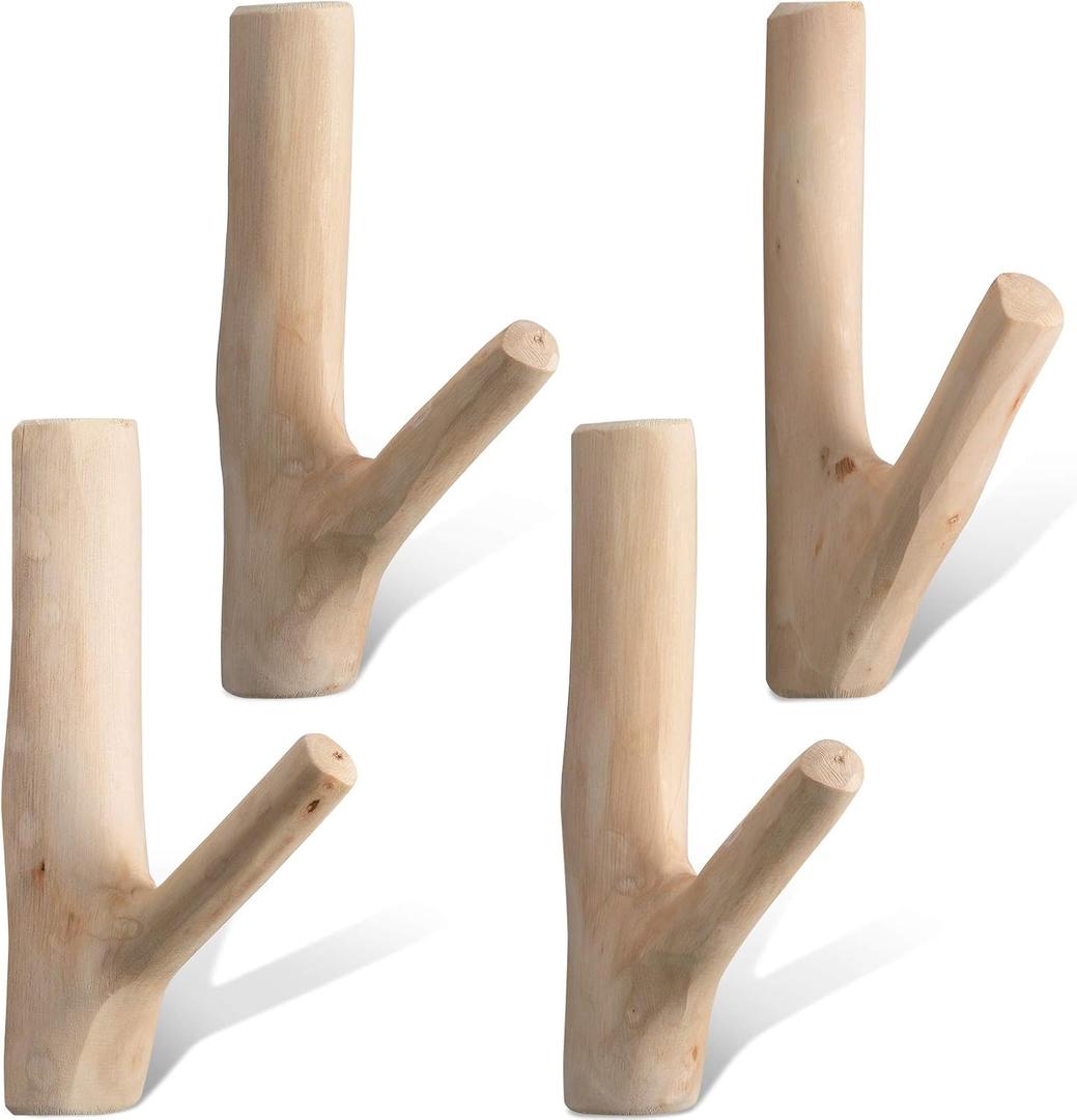Jetec 4 Pieces Wood Hooks Vintage Real Natural Tree Branch Wall Hooks Set Christmas Stocking Hook for Wall Rustic Decorative Wood Adhesive Strong Suction Crooks for Coat Key Holder (White)
