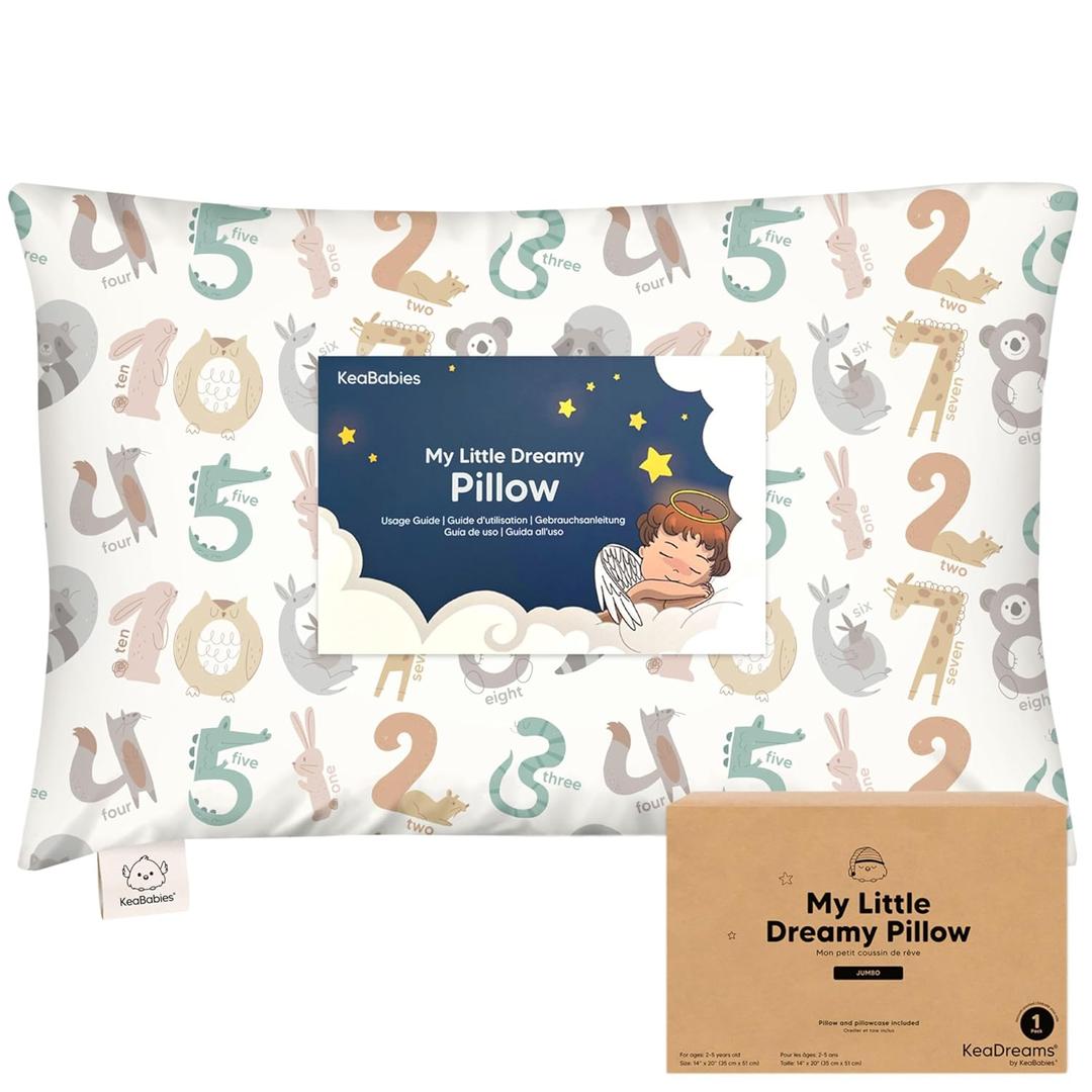 KeaBabies Toddler Pillow with Pillowcase, Jumbo 14X20 - Soft Organic Cotton Toddler Pillows for Sleeping - Machine Washable - Perfect for Travel, Toddler Bed Set (Wild Count)