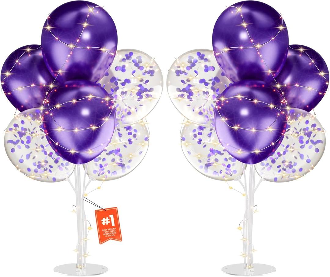 2Set Purple Balloons Stand,Balloons Stands for Table,Purple Balloons Centerpieces for Tables for Birthday,Baby Shower,Wedding,Anniversary Table Party Decorations.With light string