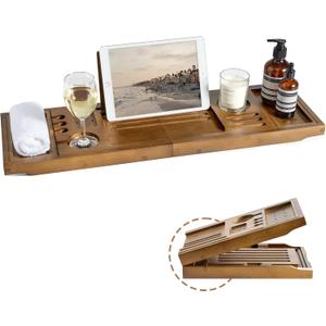 Bamboo Bathtub Tray Caddy - Splash-Proof Adjustable (28.5-40") with Wine Holder, Tablet Stand & Non-Slip Grip | Spa-Grade Organizer for Bath Essentials & Reading- Walnut