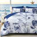 Coastal King Comforter Set 7 Piece, Soft Beach Themed Comforter, Summer Ocean Nautical Bed in a Bag Blue Bedding Sets for All Season 104''x90''