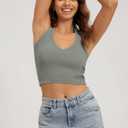 ODODOS Seamless Halter Crop Tops for Women Ribbed Soft V Neck Open Back Cropped Tank Top, 1-Pack, Green Milieu, Medium-Large (Gray, M)