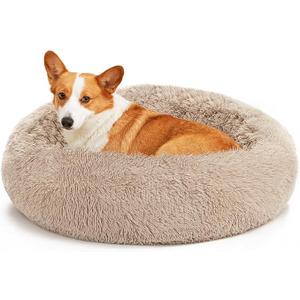Love's cabin Calming Dog & Cat Bed, Cat Bed for Indoor Cats,Anti-Anxiety Donut Round Dog Bed,Fluffy Faux Fur Washable Bed for Small Medium Pet,Beige,Taupe,30"