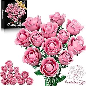 XGSHJ Pink Rose Bouquet Building Set for Girls & Boys  12 Pack Botanical Collection Gift for Easter Basket Artificial Flowers Botanical Collection Centerpiece Retro Decor