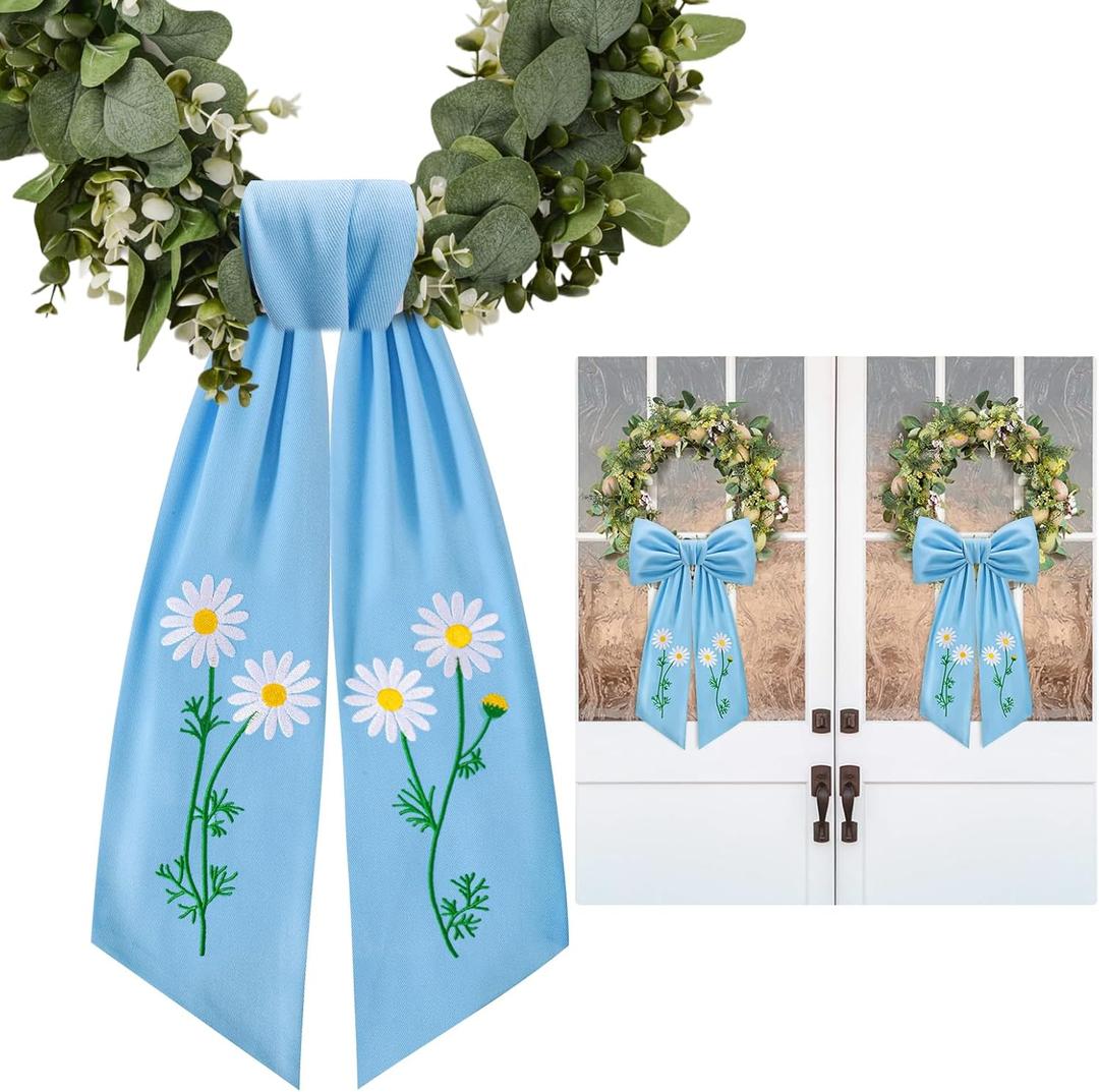 2 Pack Daisy Floral Wreath Sash for Front Door Embroidery Spring Flower Ribbon Sash for Spring Easter Day Yard Porch Decor (Blue)