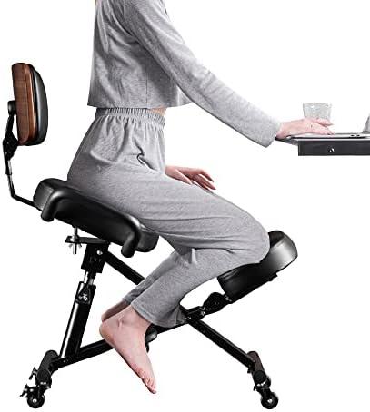 Ergonomic Kneeling Chair with Wood Back Support, Adjustable Desk Chair for Home and Office, Reduce Pressure on Your Shins with Adjustable footrest,Brake Casters,Black