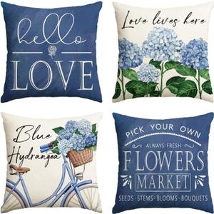 AVOIN colorlife Hello Love Blue Hydrangea Bicycle Throw Pillow Covers, 18 x 18 Inch Flowers Summer Spring Mother's Day Cushion Case for Sofa Couch Set of 4
