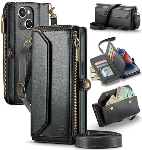 Strapurs Wallet Case Compatible with iPhone RFID Blocking 7-Card Holder Soft PU Leather Magnetic Snap Shoulder Strap Zipper Pocket Phone Case Fit for iPhone - Black