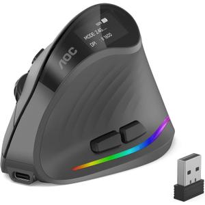 AOC 2.4GHz Ergonomic Mouse, Wireless Bluetooth Vertical Mouse for Work, 4800 DPI Optical Tracking, 5 Adjustable DPI, Quiet Clicks, RGB Light, Compatible with Computer, Laptop, PC, Mac, Desktop - Black
