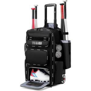 Rolling Baseball Bag,Wheeled Softball Bag with Fence Hook for TBall Bat & Equipment,Lightweight Baseball Bat with Shoe Compartment