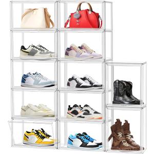 12 Pack Clear Shoes Box Shoe Storage Organizer for Closet Stackable Acrylic Handbag Display Case Shoe Organizer for Entryway