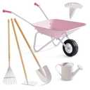 ROBUD Kids Wheelbarrow with Gardening Tools Set-9pcs Metal Toddler Wheelbarrow, Garden Tools, Watering Can, Plant Labels– Child Outdoor Toy for Ages 3+, Christmas Birthday Gifts for Boys Girls(Pink)