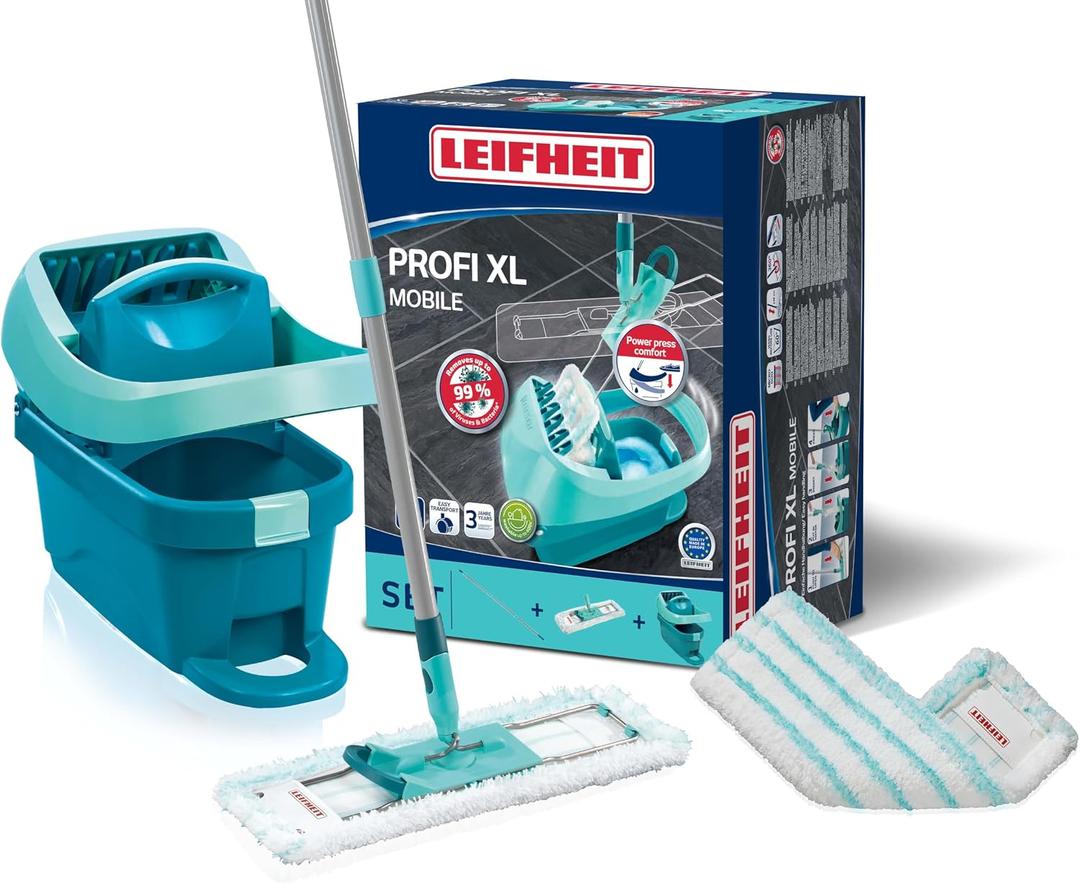 Leifheit Floor Cleaning Profi XL Mop and Bucket Set 42 cm Microfibre Mop for Large Floors with 360 Joint, Foot-Pedal Wringing System, Heavy Duty 8 L Bucket, Easy Moist or Wet Cleaning, Turquoise | Bucket wringer on wheels, foot wringing system, 2 Micro Duo covers washable at 140C, 360, cleaning set for all floors