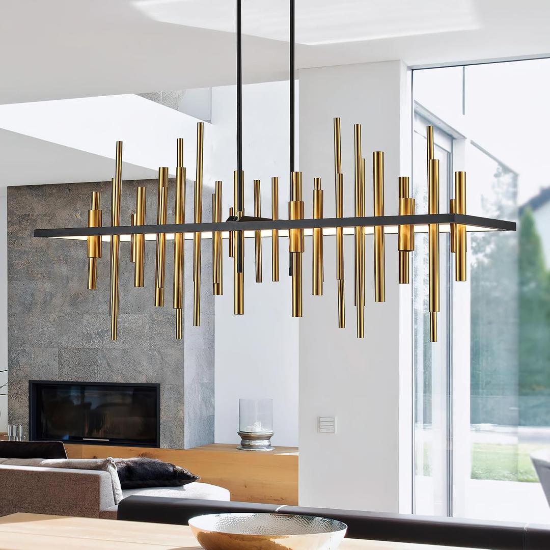Rectangular Modern Industrial Black Gold Chandelier for Dining Room, LED Pendant Light Fixture for Kitchen Island Over Table 1.2 M(47In), 47.2 Inches X 19.7 Inches X 78.7 Inches