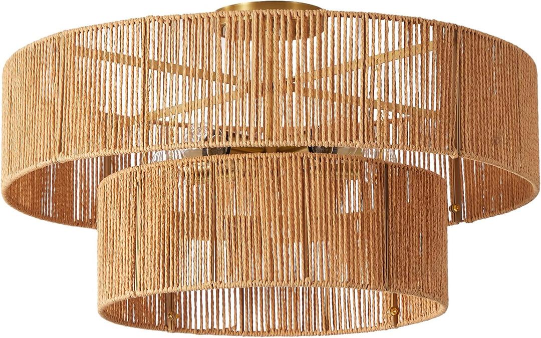 21 Rattan Light Fixtures Ceiling Light 2-Tier Wicker Boho Chandelier with Hand Woven Brushed Brass Finish Shade for Bedroom Kitchen Entryway Hallway 5-Light