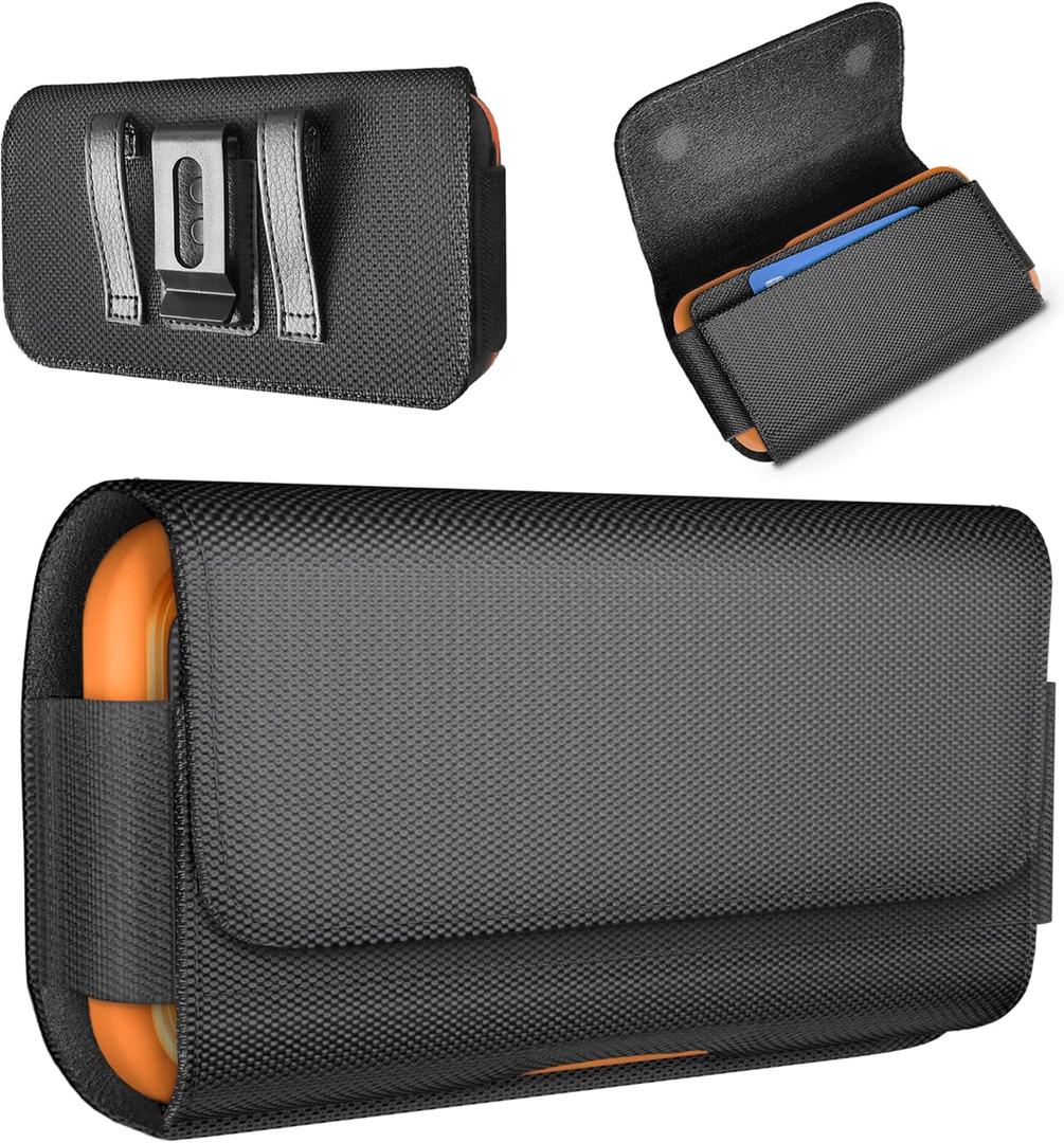 Nylon Holster Case for iPhone 17 16 16e 15 14 13 12 11 XS (Including Pro Models) - Magnetic Closure, Belt Clip and Card Holder for Men, Black
