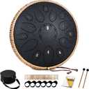 Steel Tongue Drum - 15 Note 12 Inch Tongue Drums - Percussion Instruments - Hand Pan Drum with Music Book, Drum Mallets and Carry Bag, D Major, Black