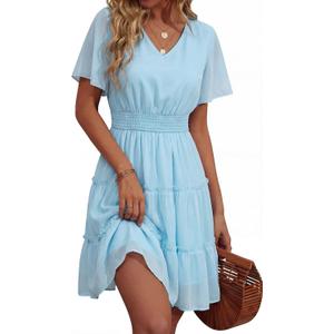 Womens Spring Summer 2026 Casual Knee Length A Line Short Sleeve V Neck Elastic Waist Cute Boho Beach Dresses Large