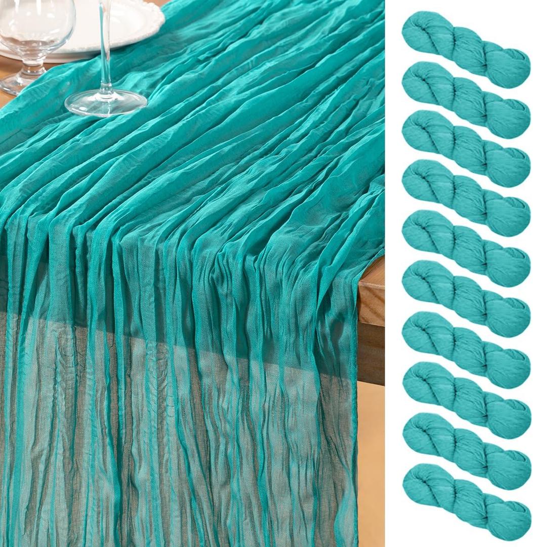 DeZerlor Teal Green Cheesecloth Table Runner 10 Pack Summer Table Runners Boho Gauze 120 Inches Cheese Cloth Table Decor for Wedding Bridal Baby Shower Parties