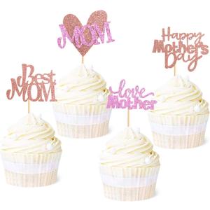Ercaido 48 Pack Happy Mother's Day Cupcake Toppers Rose Gold Glitter Love Mother Best Mom Theme Cupcake Picks Happy Mother's Day Theme Party Cake Decorations Supplies