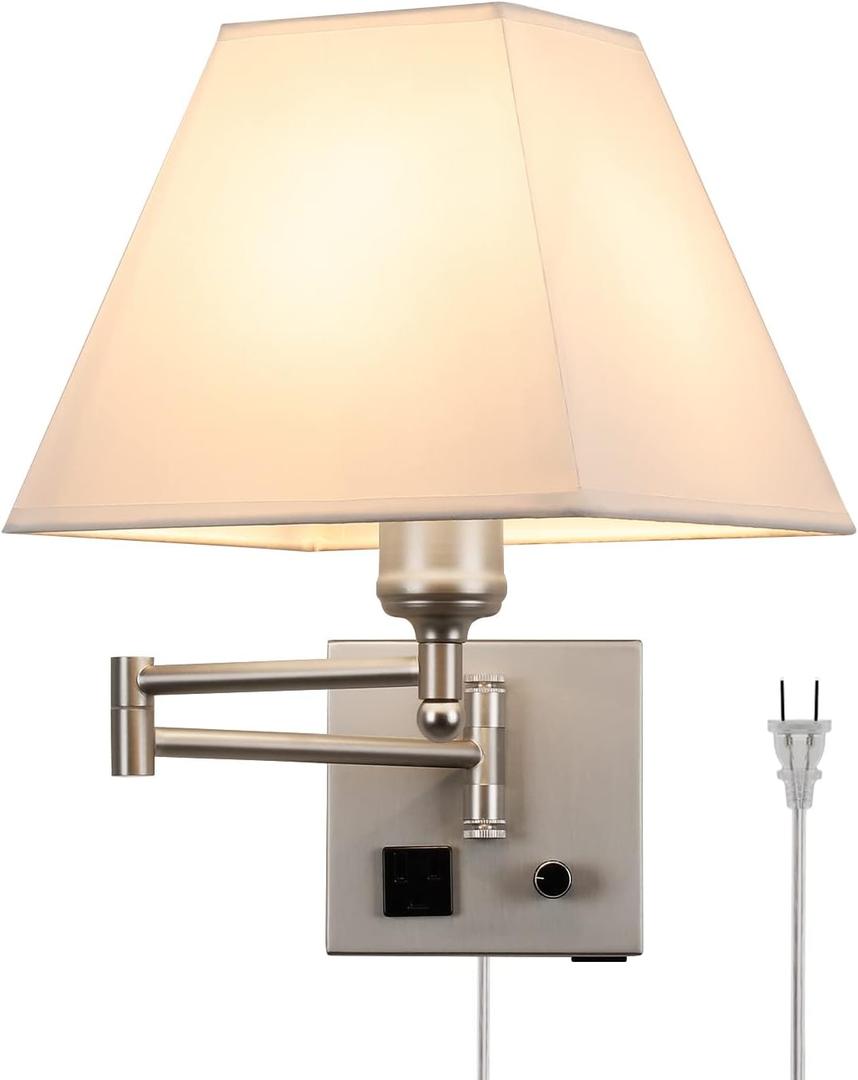 Plug in Wall Light,Swing Arm Wall Sconces with USB Port and Outlet,Wall Lamp with White Fabric Shade Dimmable Switch for Bedroom, Living Room , Office Nickel