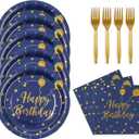 48PCS Happy Birthday Plates and Napkins Party Supplies, Blue and Gold Disposable Paper Plates and Napkins with Forks Tableware Set for Birthday Party Decorations 16 Guests