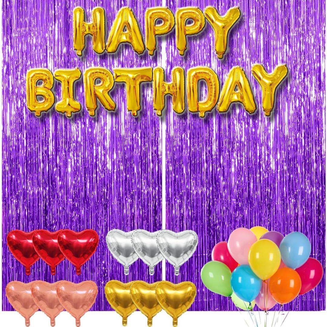 77Pcs Purple Happy Birthday Party Decorations Kit, Happy Birthday Banner, Purple Streamers Tinsel Curtain Backdrop, 4 Colors Foil Heart Balloon with 50Pcs Colorful Balloons Party Decor for Girls Women