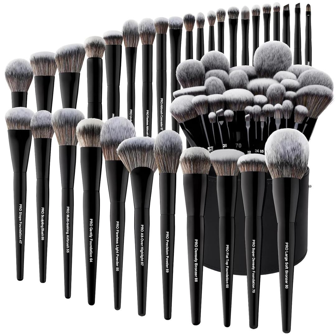 Bueart Design 32Pcs PRO Grade Makeup Brushes Set with Super large Holder, Premium Ultra-soft Synthetic Foundation Contour Powder Blush Concealer Eyeshadow Classic Black Make up Brush