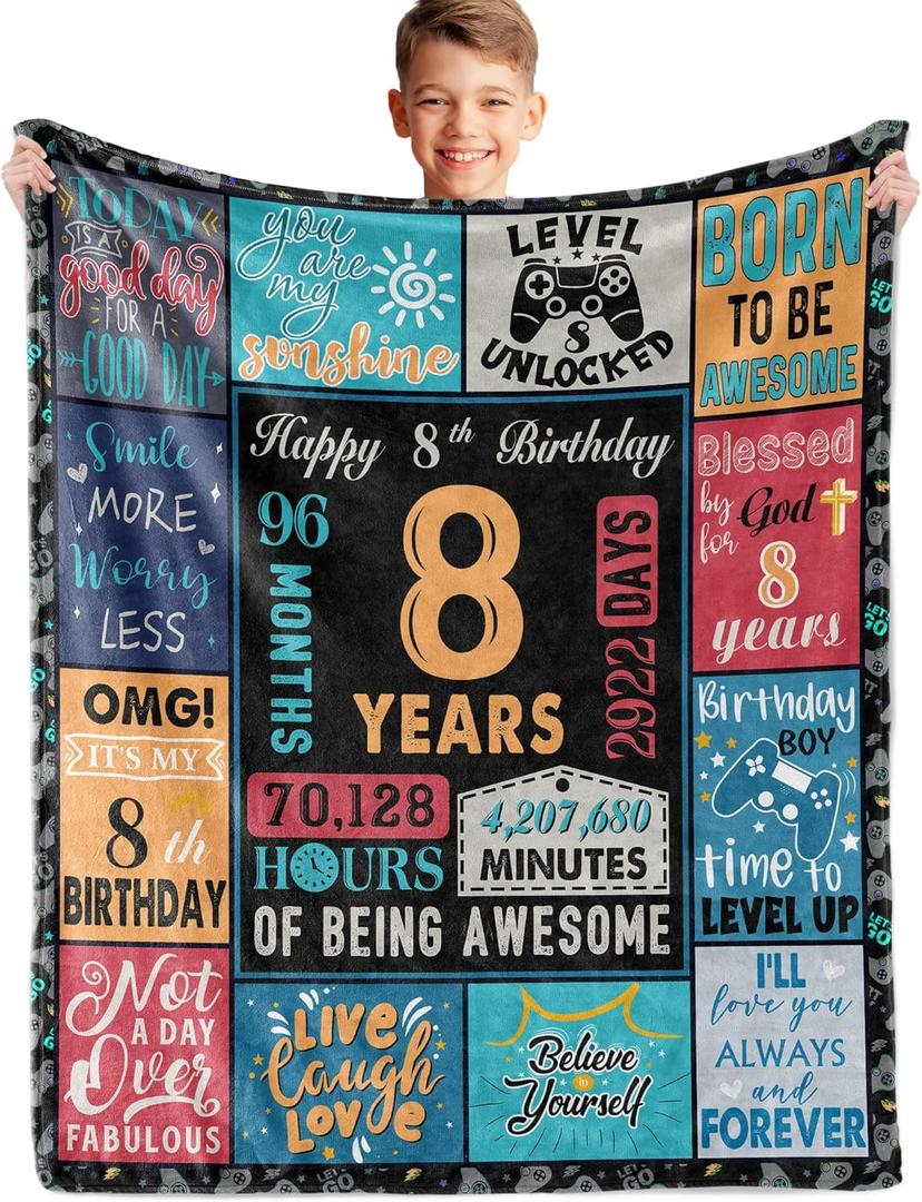 8 Year Old Boy Gift, Best Birthday Gifts for 8 Year Old Boy, Boys Age 8 Gifts Ideas, 8 Yr Old Gifts for Boys, 8th Birthday Decorations Blanket 60"X 50", Soft Warm Cozy Throw for Bed Sleep