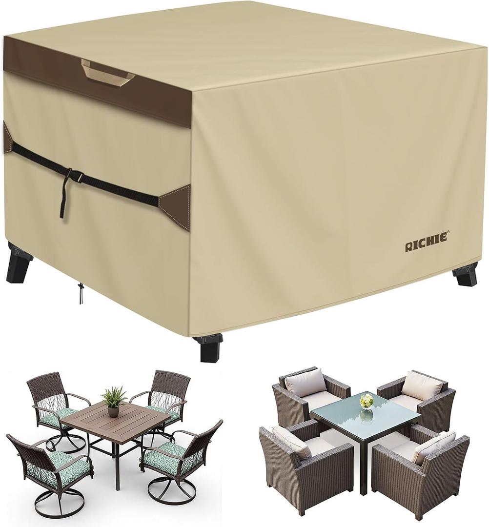 Outdoor Patio Furniture Cover - Heavy Duty Waterproof 600D Tough Canvas Protector for Square Table Cover, All-Season Dining Table and Chair Cover (54L x 54W x 28H Inch) (Beige & Brown)