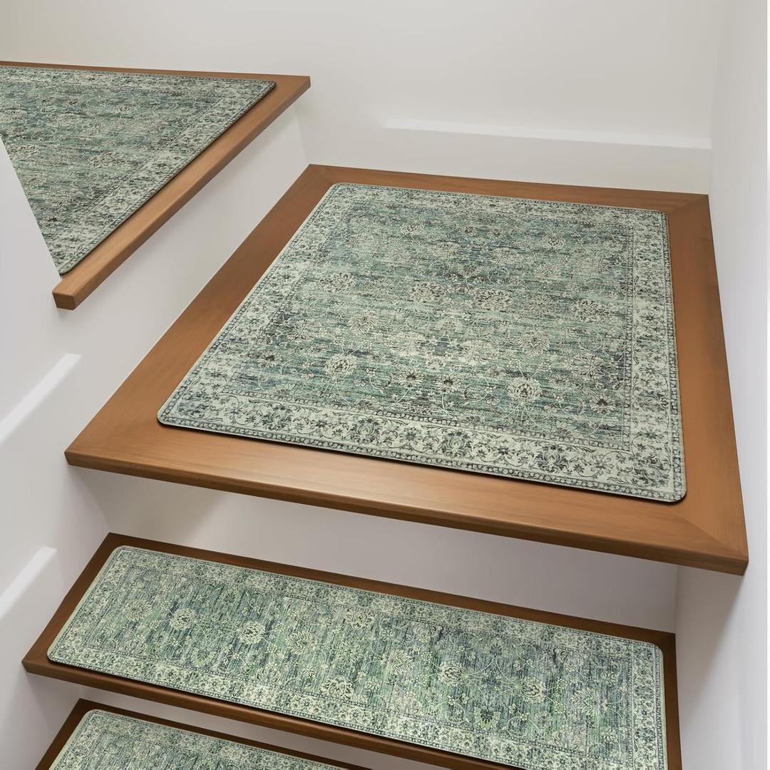 OJIA Stair Treads Non-Slip Matching Mat for Wooden Steps, Square Capet Stair Treads Rubber Backing Stair Runner Anti-Slip Stair Landing Mat 31x31 Inch Stair Rugs (Green)