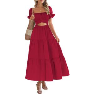 Womens Summer Dresses 2026 Red Short Sleeve Square Neck Ruffle Tiered Cutout A Line Flowy Elegant Trendy Brunch Long Beach Vacation Maxi Dress M