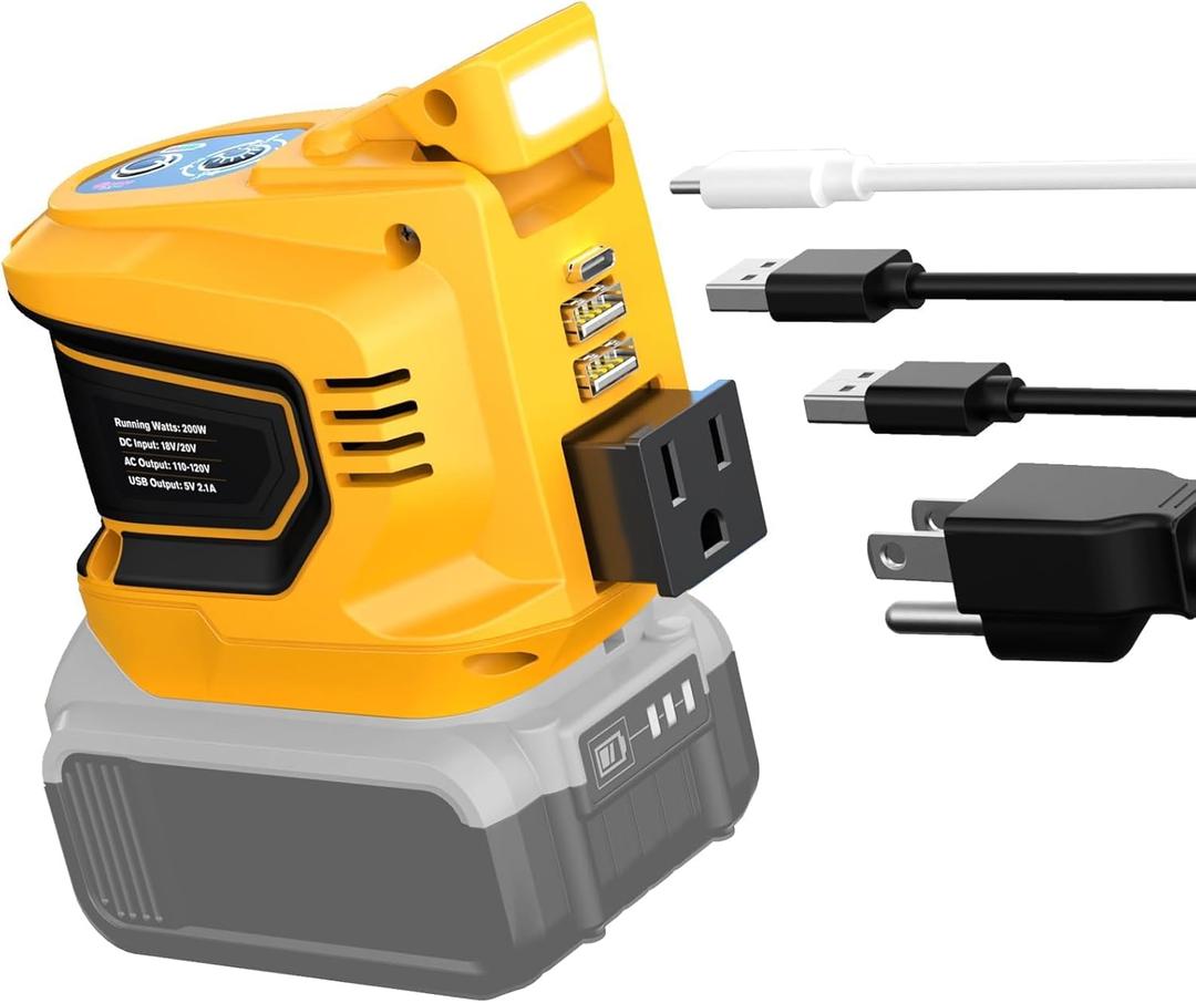 Ecarke 200W Portable Power Inverter Compatible with DeWALT 20V Battery, DC 20V to AC 110V Power Station with 1 AC Outlet, 2 USB, 1 Type-C & LED Light, for Outdoor Emergency Use (No Battery) (Yellow)