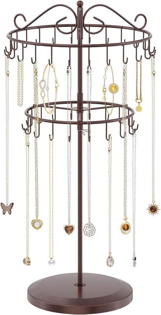 iDavosic.ly 2 Tier Rotating Necklace Holder Organizer with 42 Hooks, Adjustable Metal Bracelet Display Stand Rack, Extra Tall Keychain Spinning Tree Tower for Women, Espresso Brown
