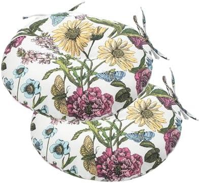 Bistro Chair Cushions 15 inch,Set of 2,Tufted Round Chair Cushions with Ties,15"x15"x4",Water Resistant Round Seat Cushion for Barstool Chairs,Patio Garden Kitchen Outdoor Furniture(Butterfly Flower)