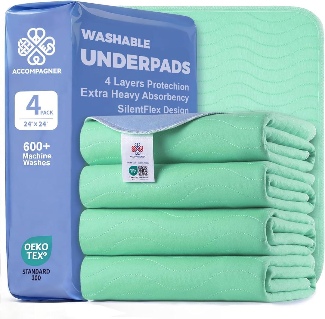 Accompagner Incontinence Bed Pads Washable Waterproof, Ultra-Absorbent Reusable Underpads for Diaper Changing, Nursing, Bedridden, Adults, Seniors, Kids and Dogs (Green, 24"x24"(Pack of 4))