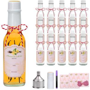 5oz Hot Sauce Bottles with Lids,Clear Woozy Bottles with Shrink Capsules,Small Bottles With Lids for Bottling,Empty 5oz Glass Vanilla Extract Bottles With White Caps Set of 16