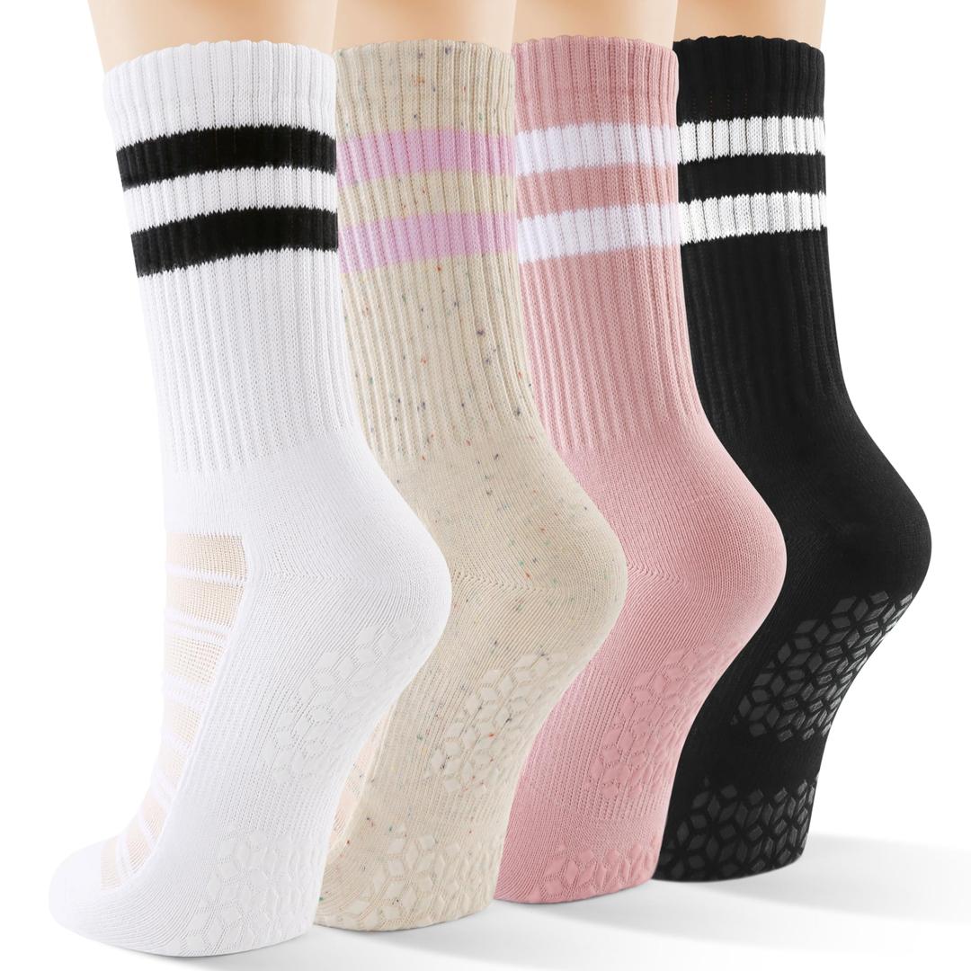 CS CELERSPORT Pilates Socks for Women, 4 Pairs Yoga Crew Non Slip Grip Socks for Barre Hospital Gym, Black+White+Pink, Medium (M)
