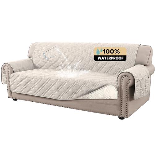 PrinceDeco 100% Waterproof Couch Cover for 3 Cushion Couch Sofa Pet Friendly Non-Slip Couch Cover for Dogs Washable Water Resistant Furniture Protector with Elastic Straps(XL Sofa 78", French Oak)